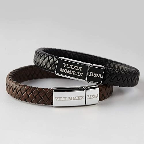 Roman Numeral Engraved Leather Bracelet