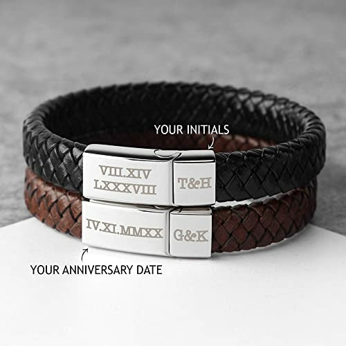 Roman Numeral Engraved Leather Bracelet