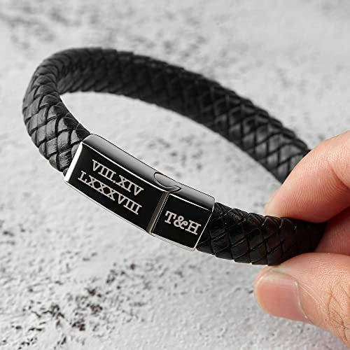 Roman Numeral Engraved Leather Bracelet